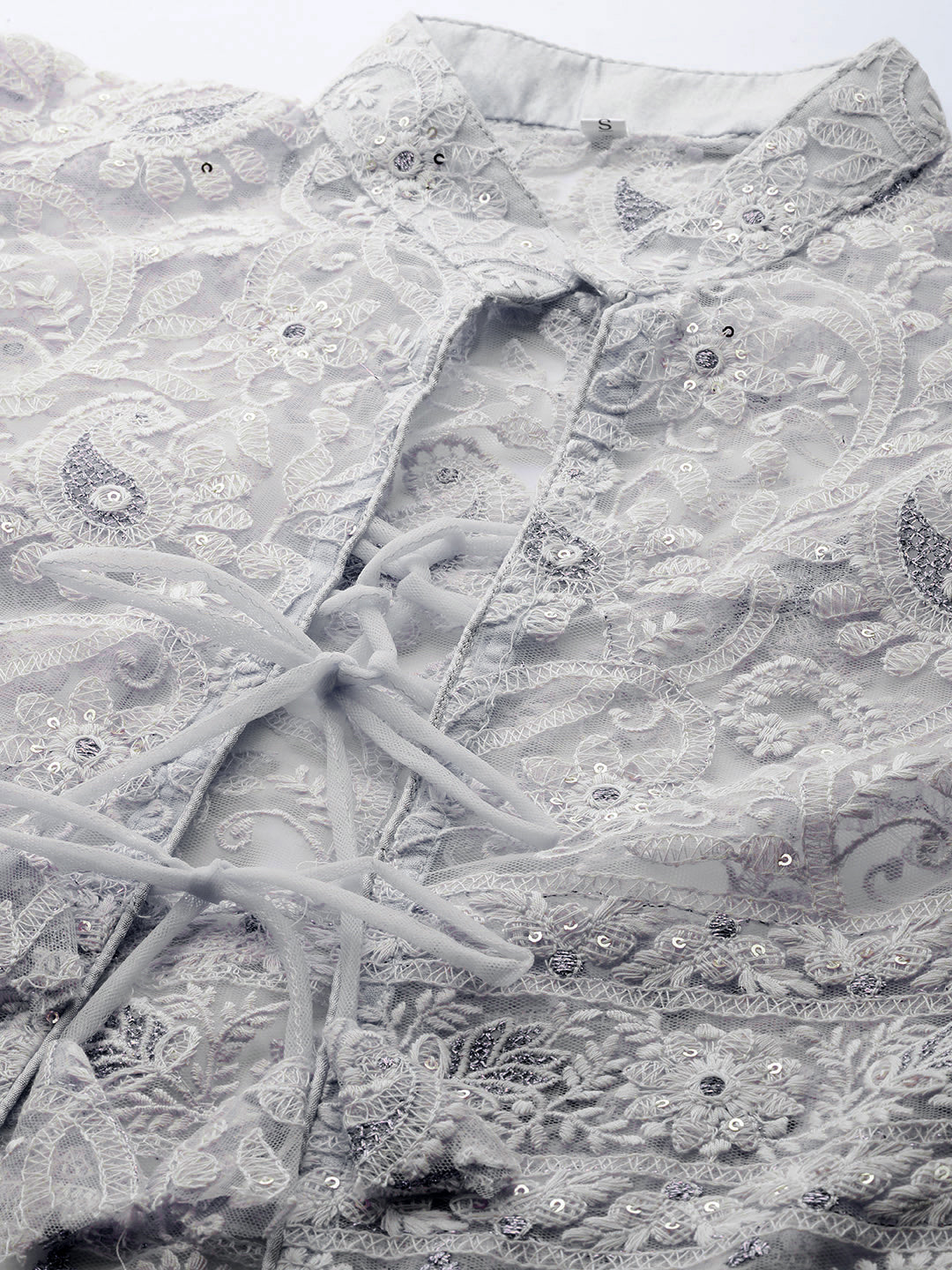 Grey Glitter Embellished Chikankari Jacket Flared Gown