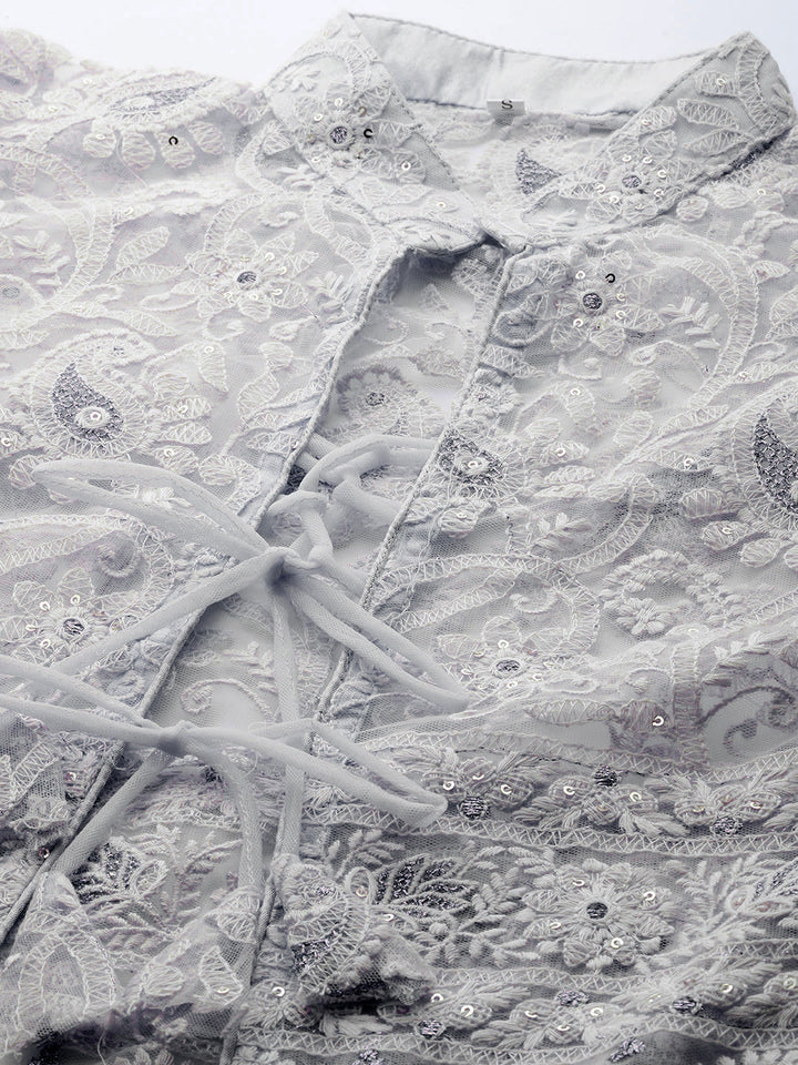 Grey Glitter Embellished Chikankari Jacket Flared Gown