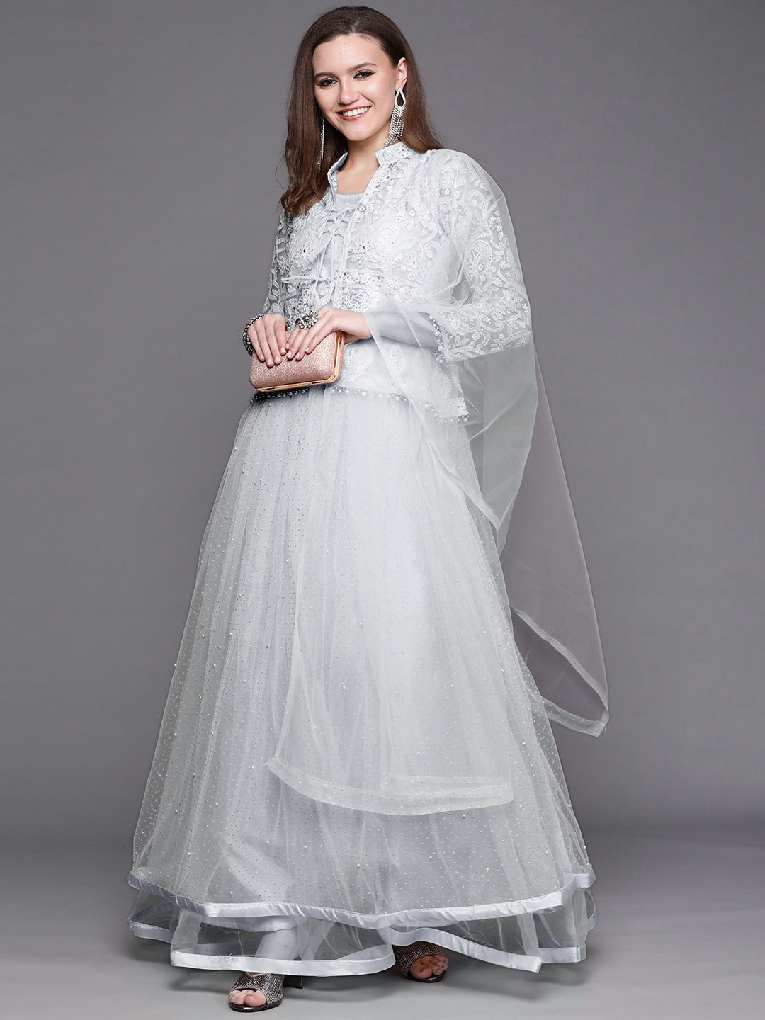 Grey Glitter Embellished Chikankari Jacket Flared Gown
