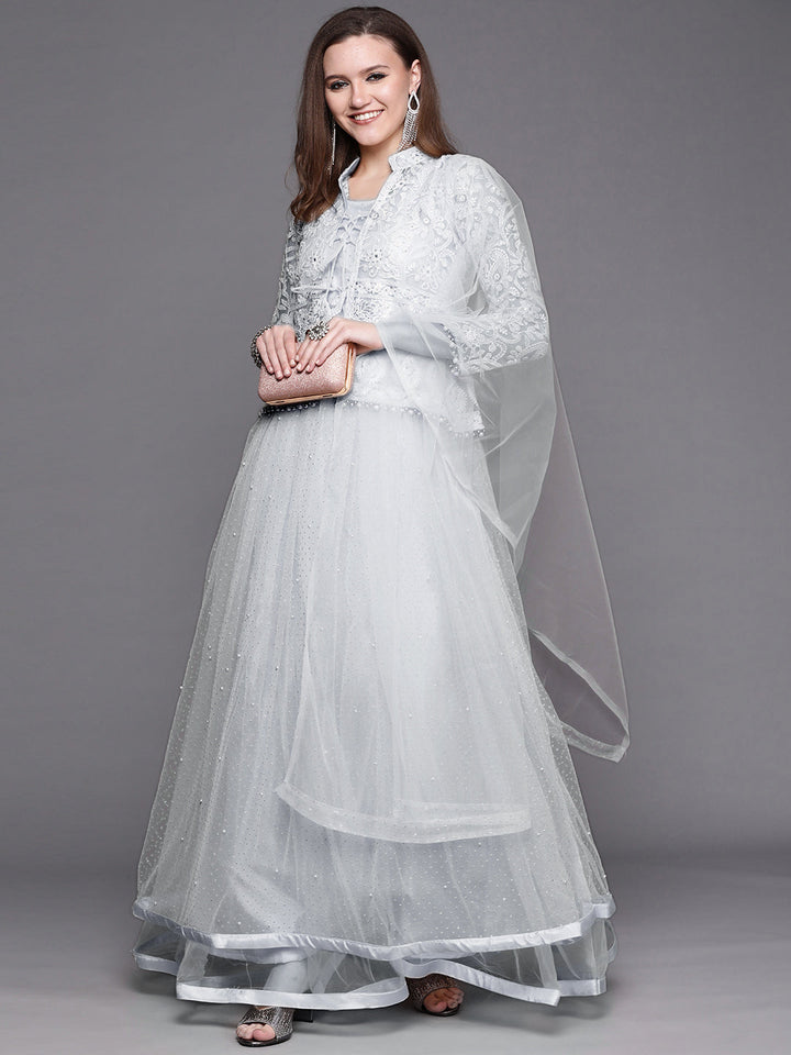 Grey Glitter Embellished Chikankari Jacket Flared Gown