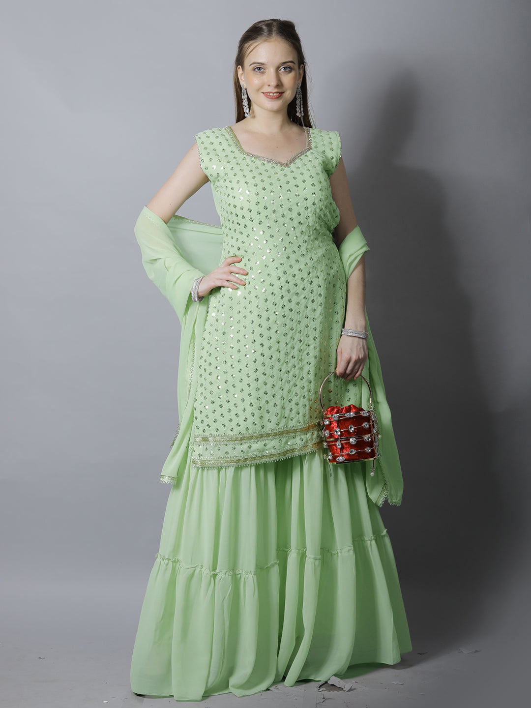 Pastel Green Sequin Embroidered Georgette Kurta with Layered Sharara