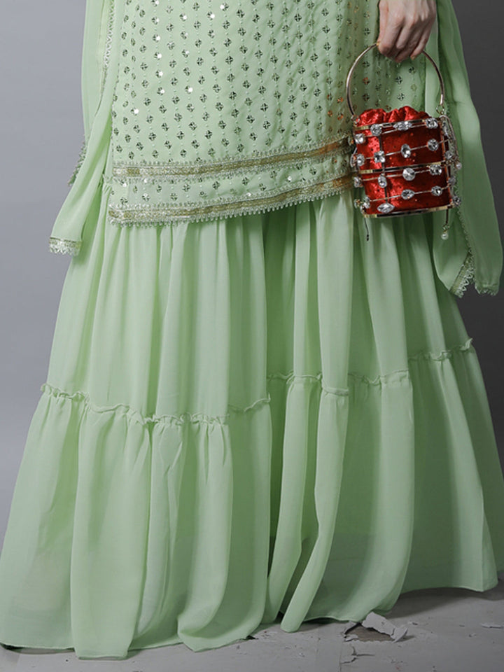 Pastel Green Sequin Embroidered Georgette Kurta with Layered Sharara