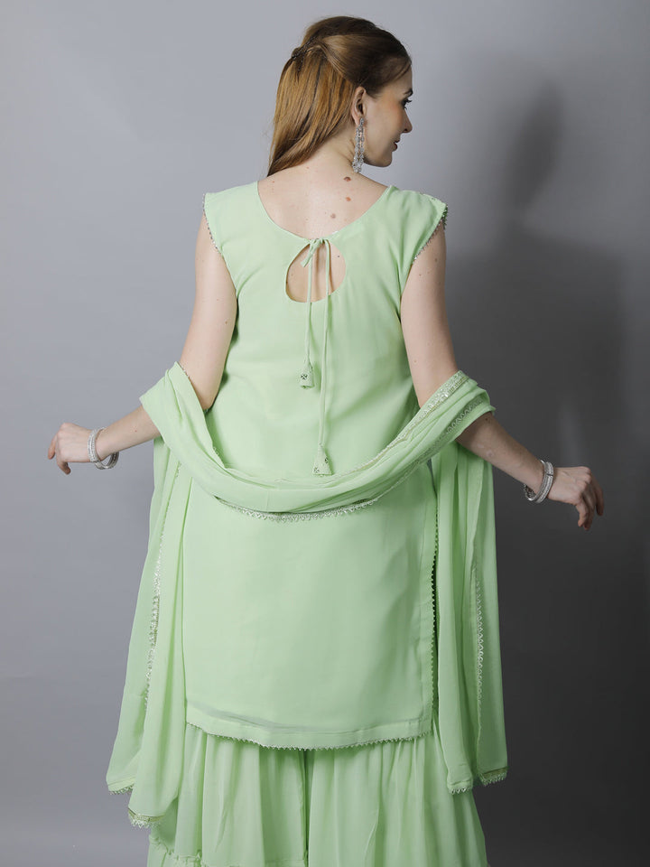 Pastel Green Sequin Embroidered Georgette Kurta with Layered Sharara
