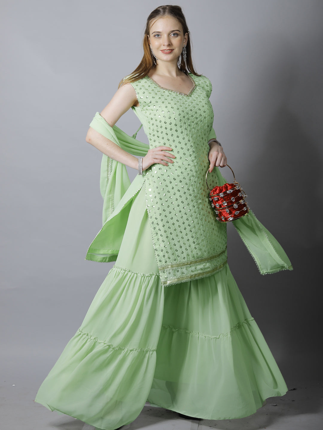 Pastel Green Sequin Embroidered Georgette Kurta with Layered Sharara