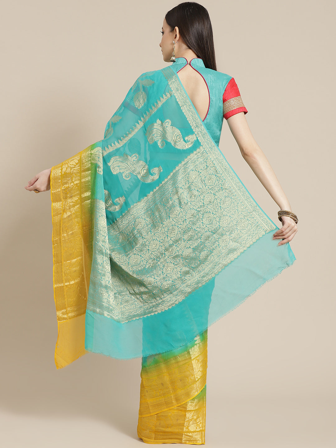 Turquoise Ombre Mysore Georgette Handwoven Saree with Peacock Motifs