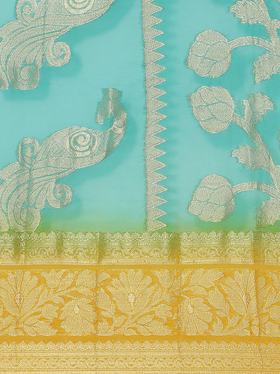 Turquoise Ombre Mysore Georgette Handwoven Saree with Peacock Motifs