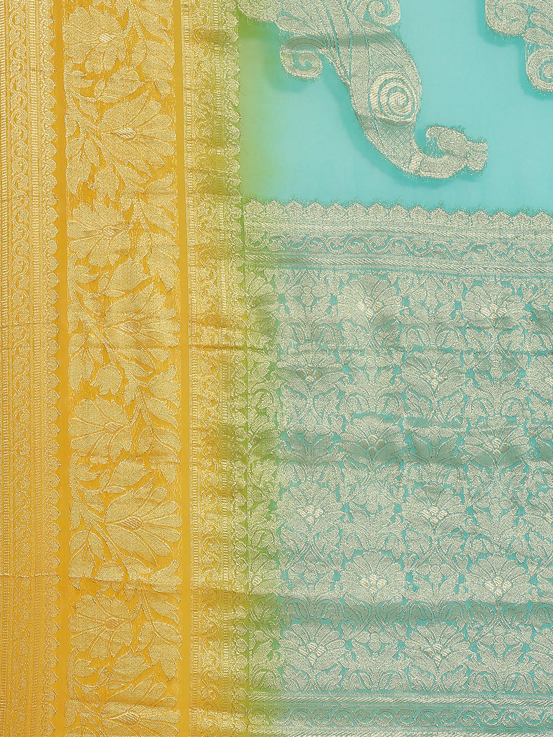 Turquoise Ombre Mysore Georgette Handwoven Saree with Peacock Motifs