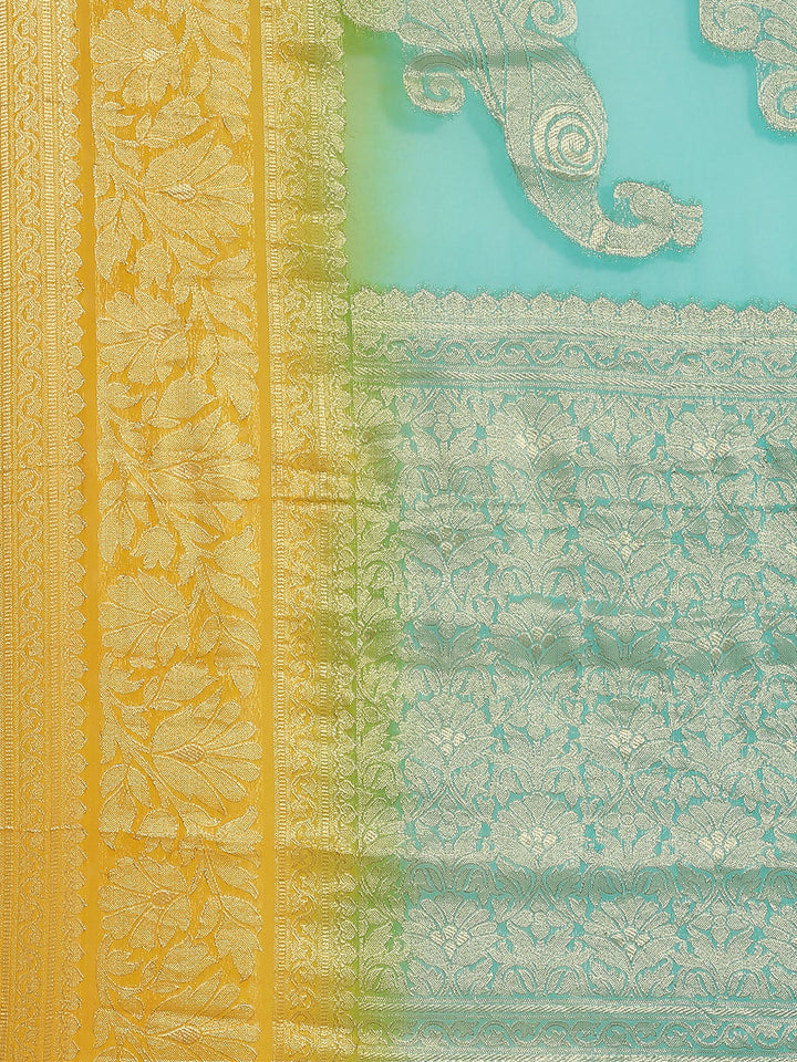 Turquoise Ombre Mysore Georgette Handwoven Saree with Peacock Motifs