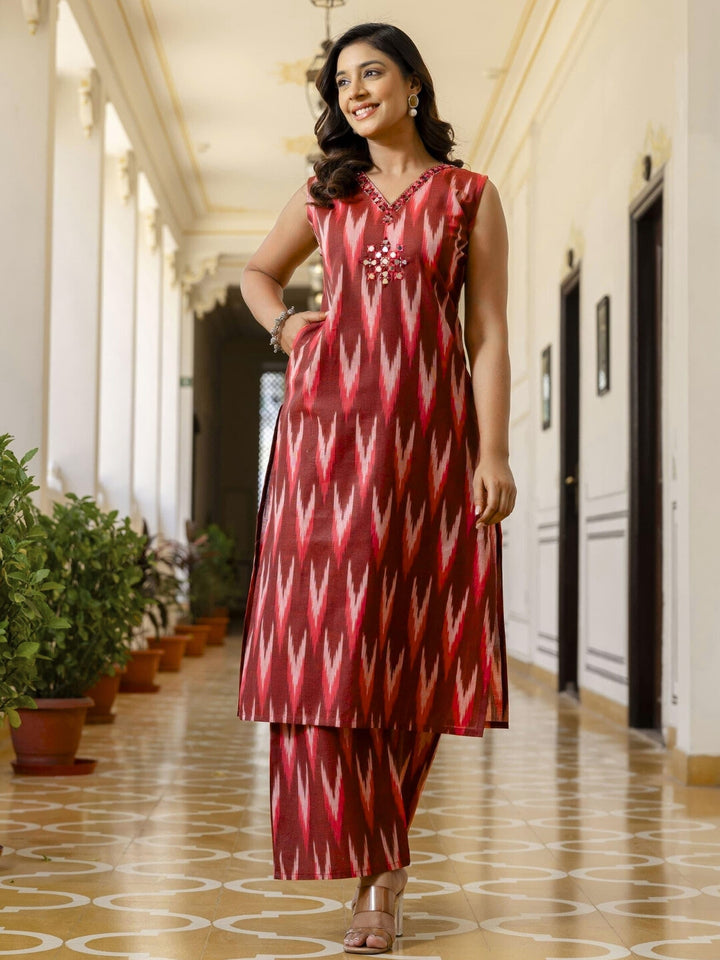 Chhabra 555 Ikat Print & Mirror Embellished Bhagalpuri Cotton Kurta Set with Chevron pant
