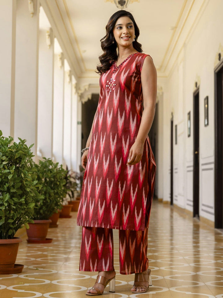 Ikat Print & Mirror Embellished Bhagalpuri Cotton Kurta Set with Chevron pant