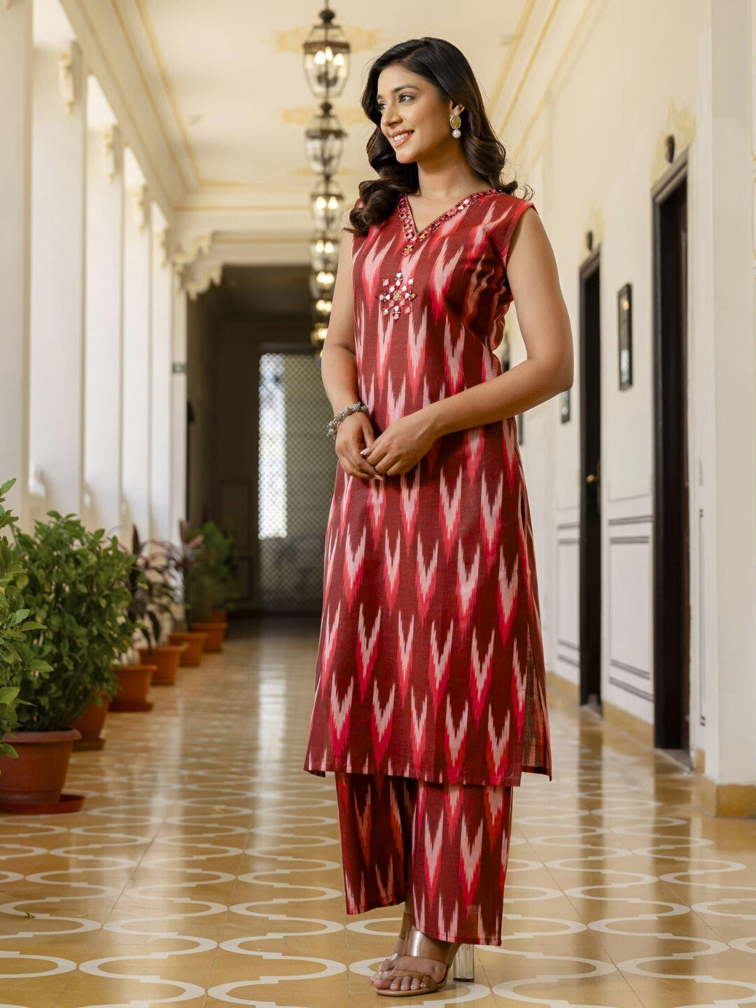 Ikat Print & Mirror Embellished Bhagalpuri Cotton Kurta Set with Chevron pant