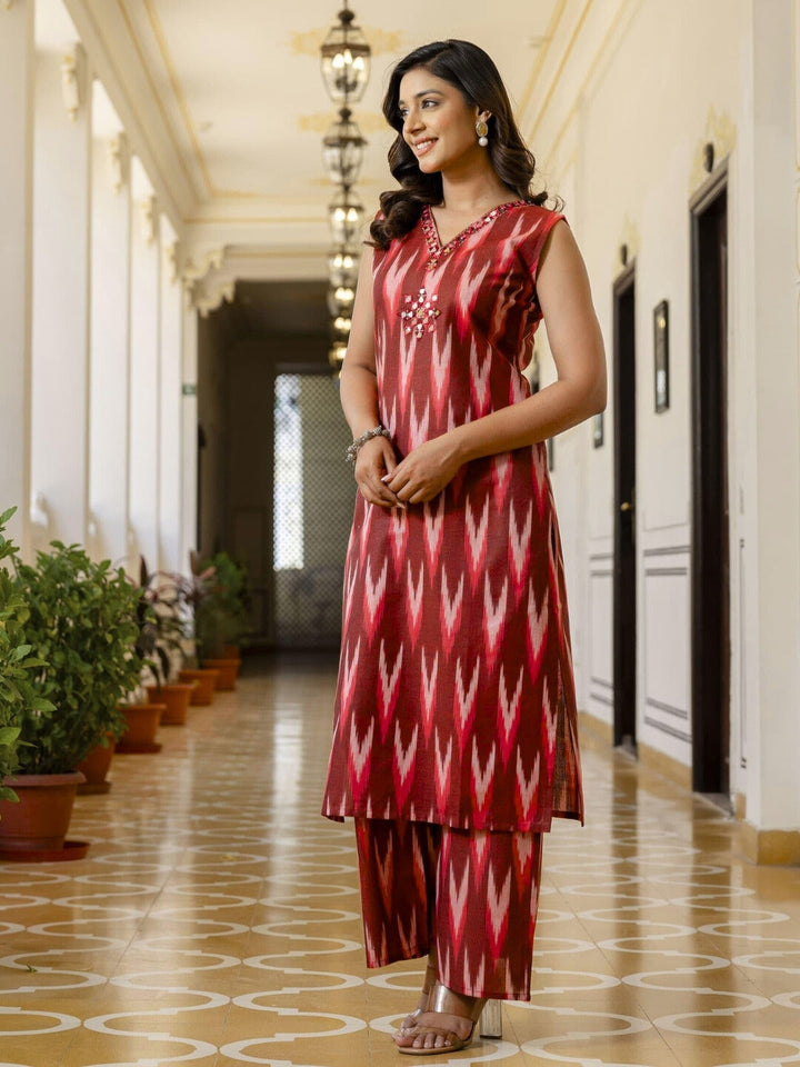 Ikat Print & Mirror Embellished Bhagalpuri Cotton Kurta Set with Chevron pant