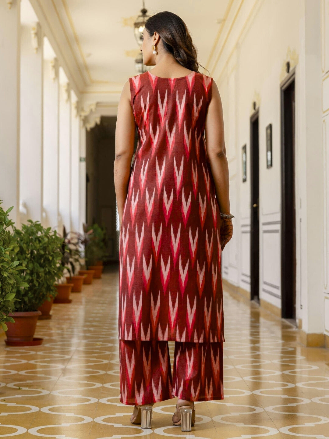 Ikat Print & Mirror Embellished Bhagalpuri Cotton Kurta Set with Chevron pant
