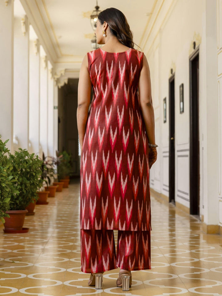Ikat Print & Mirror Embellished Bhagalpuri Cotton Kurta Set with Chevron pant