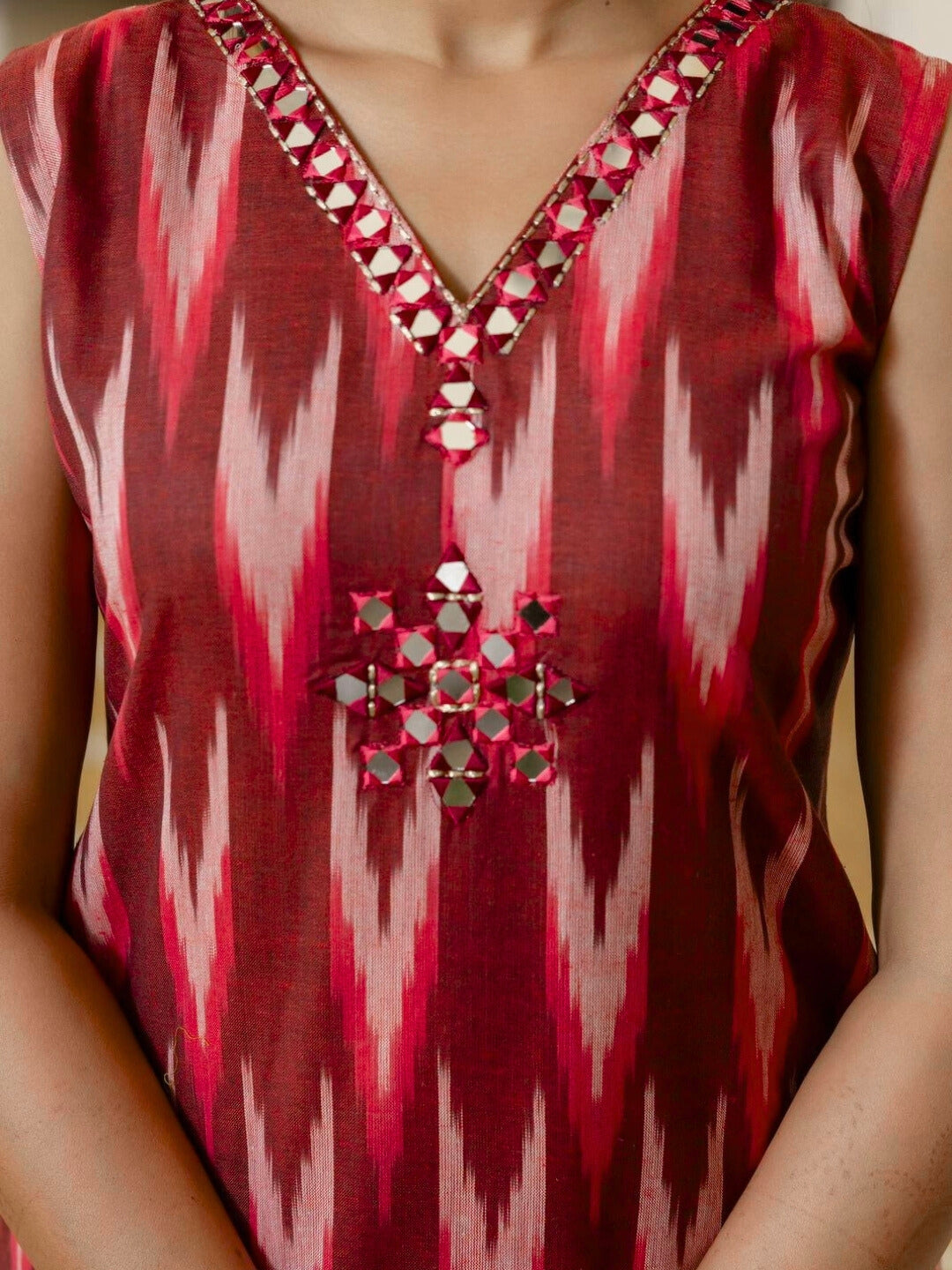 Ikat Print & Mirror Embellished Bhagalpuri Cotton Kurta Set with Chevron pant