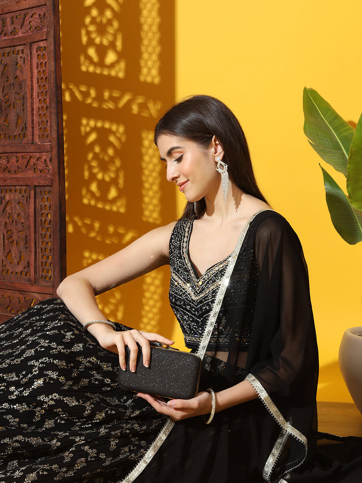 Mirror & Zircon Embellished Georgette Lehenga Set with gold Foil Print