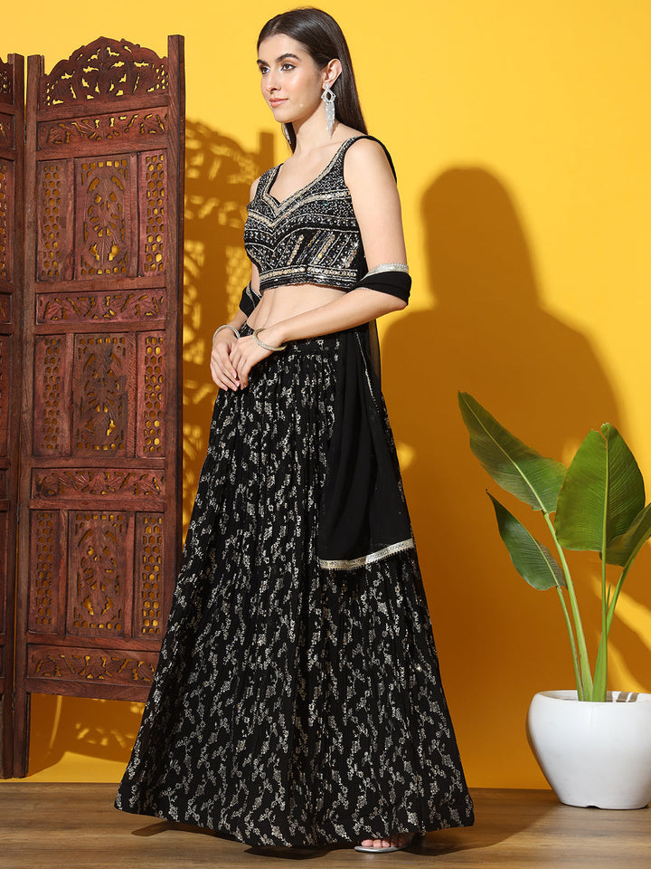 Mirror & Zircon Embellished Georgette Lehenga Set with gold Foil Print