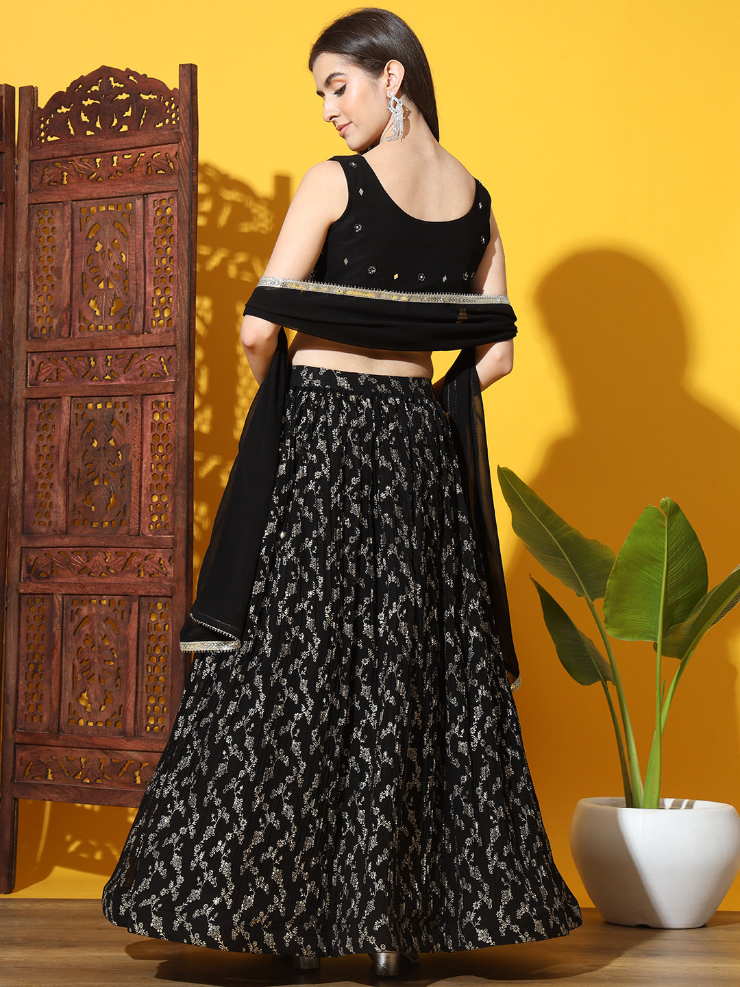 Mirror & Zircon Embellished Georgette Lehenga Set with gold Foil Print