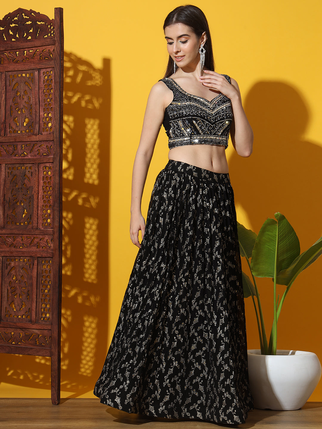 Mirror & Zircon Embellished Georgette Lehenga Set with gold Foil Print