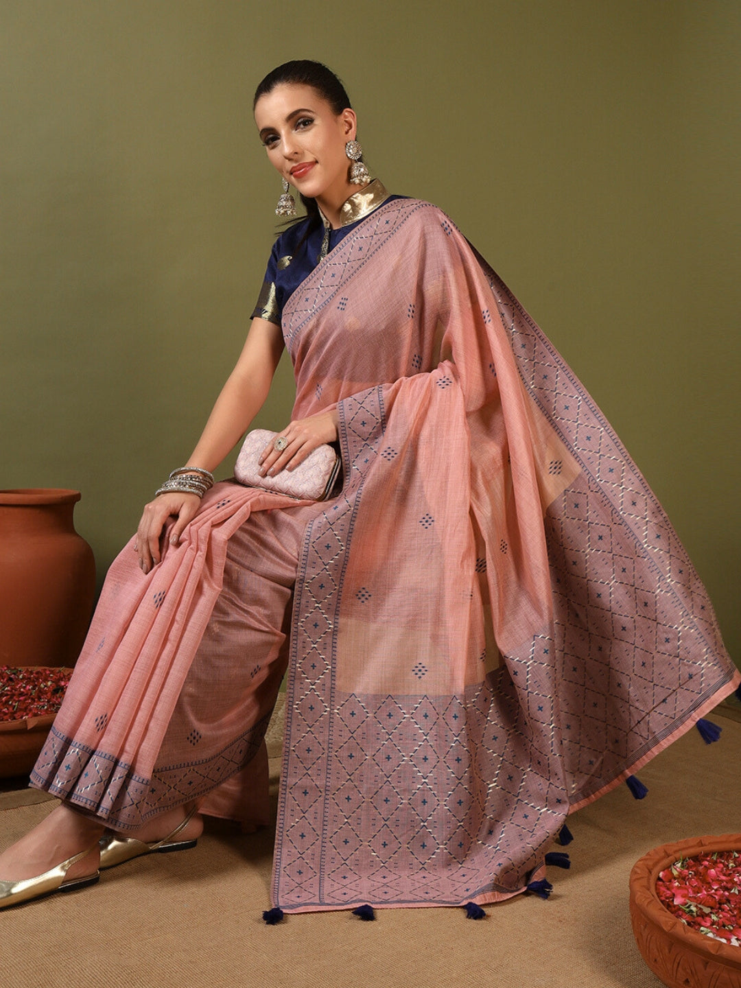 Chhabra 555 Pastel Banarasi Chanderi Jute Cotton Saree with Resham Contrast Weaving & Tassels 