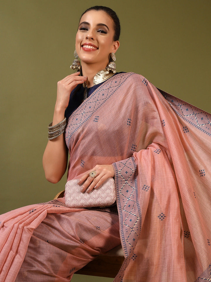 Pastel Banarasi Chanderi Jute Cotton Saree with Resham Contrast Weaving & Tassels