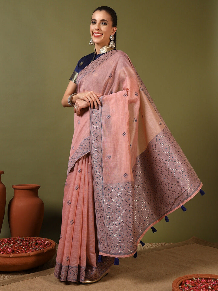 Pastel Banarasi Chanderi Jute Cotton Saree with Resham Contrast Weaving & Tassels