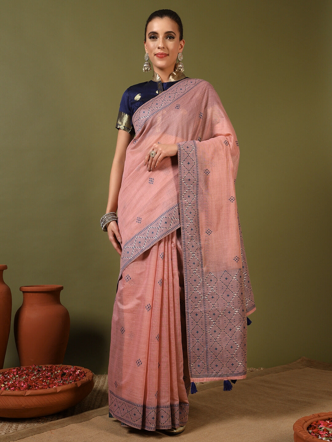 Pastel Banarasi Chanderi Jute Cotton Saree with Resham Contrast Weaving & Tassels
