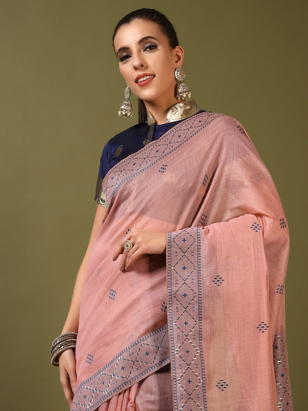 Pastel Banarasi Chanderi Jute Cotton Saree with Resham Contrast Weaving & Tassels