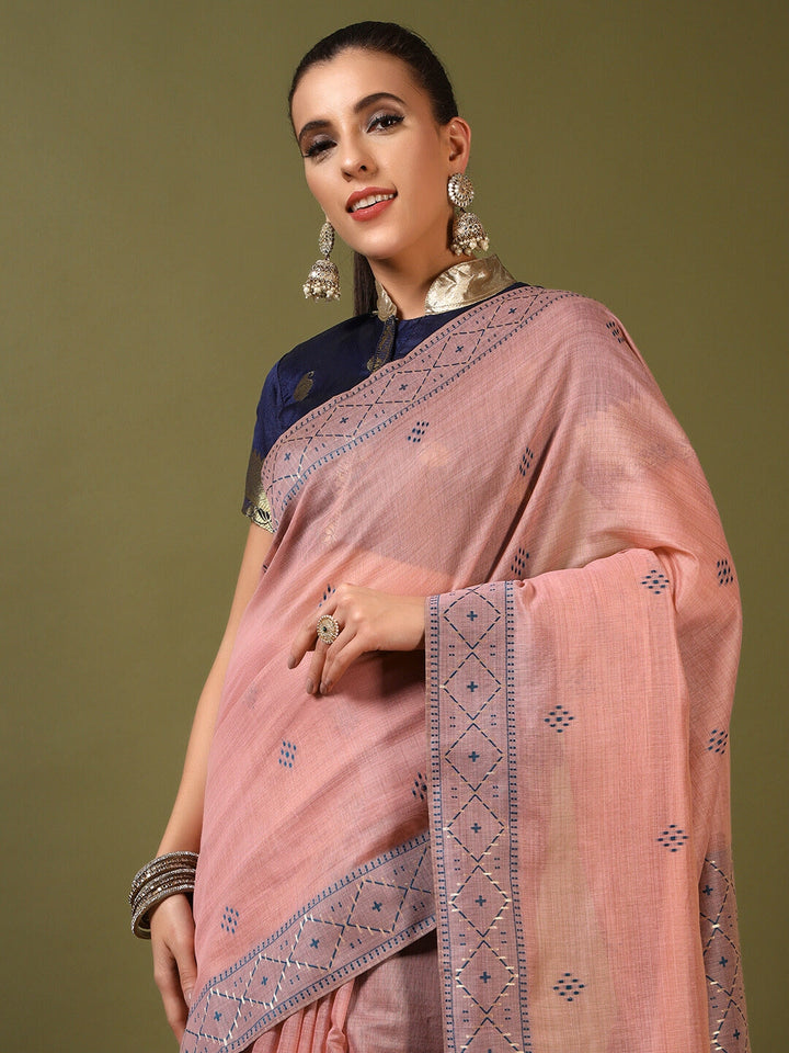 Pastel Banarasi Chanderi Jute Cotton Saree with Resham Contrast Weaving & Tassels