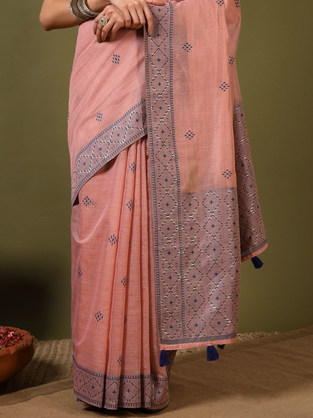 Pastel Banarasi Chanderi Jute Cotton Saree with Resham Contrast Weaving & Tassels