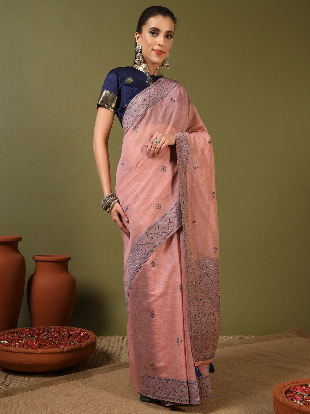 Pastel Banarasi Chanderi Jute Cotton Saree with Resham Contrast Weaving & Tassels