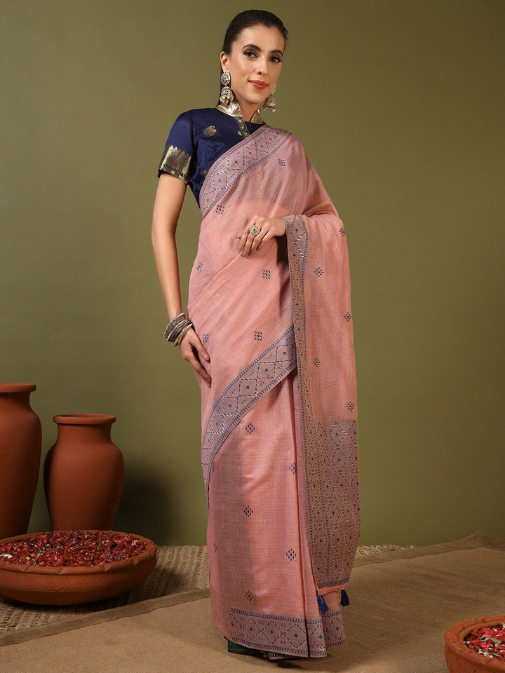 Pastel Banarasi Chanderi Jute Cotton Saree with Resham Contrast Weaving & Tassels