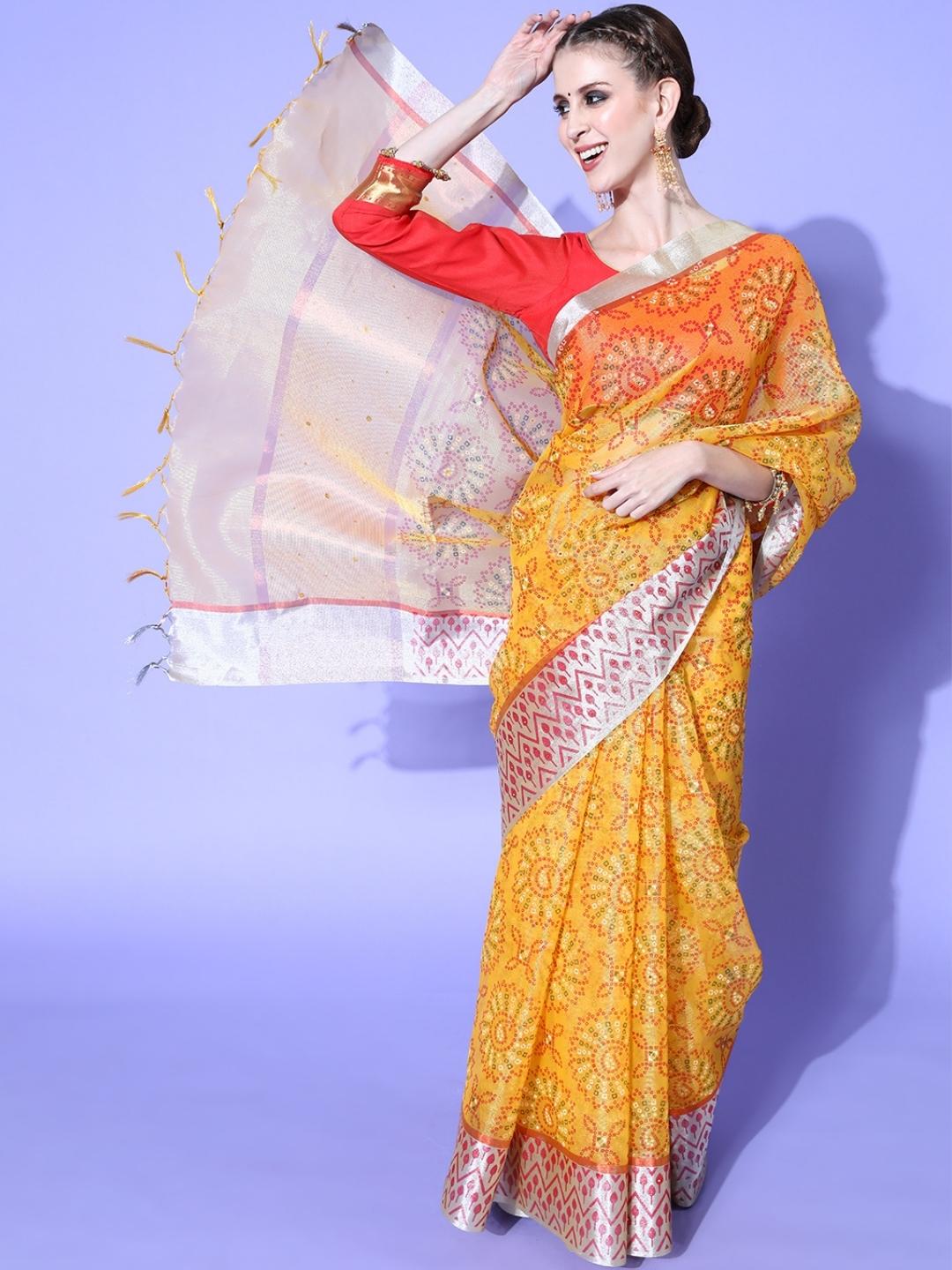 Yellow Bandhej Printed Kota Saree Embellished With Stone Work