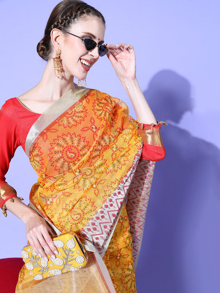 Yellow Bandhej Printed Kota Saree Embellished With Stone Work