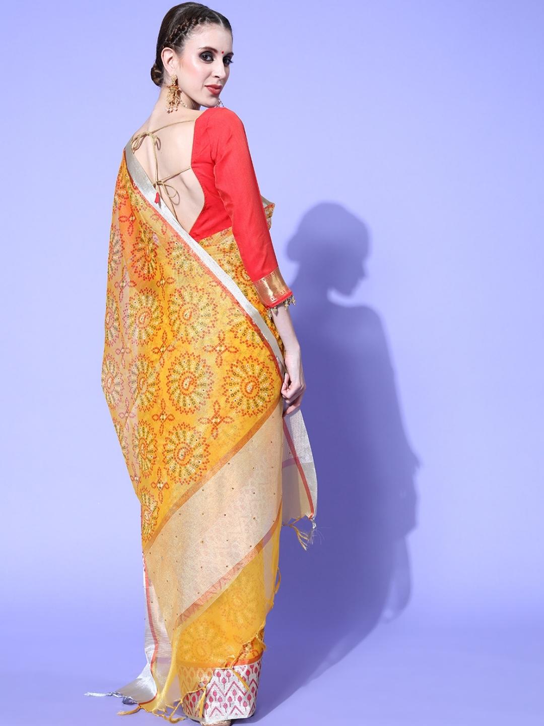 Yellow Bandhej Printed Kota Saree Embellished With Stone Work