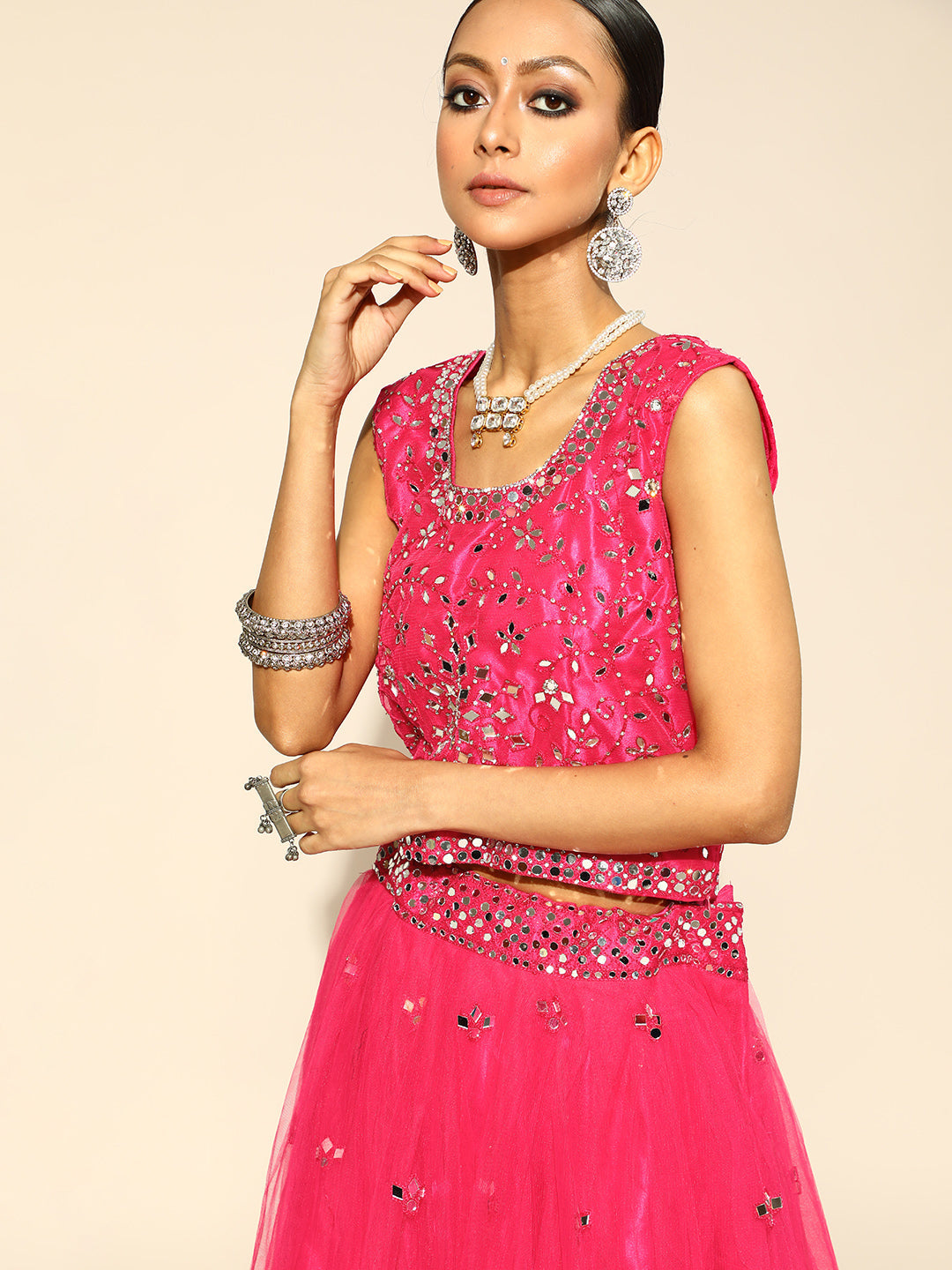 Fuchsia Flared Lehanga Set with Mirror & Resham Work
