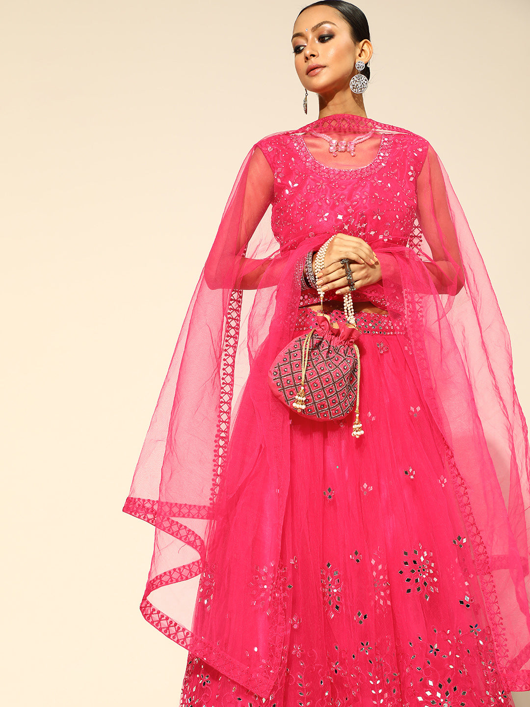 Fuchsia Flared Lehanga Set with Mirror & Resham Work