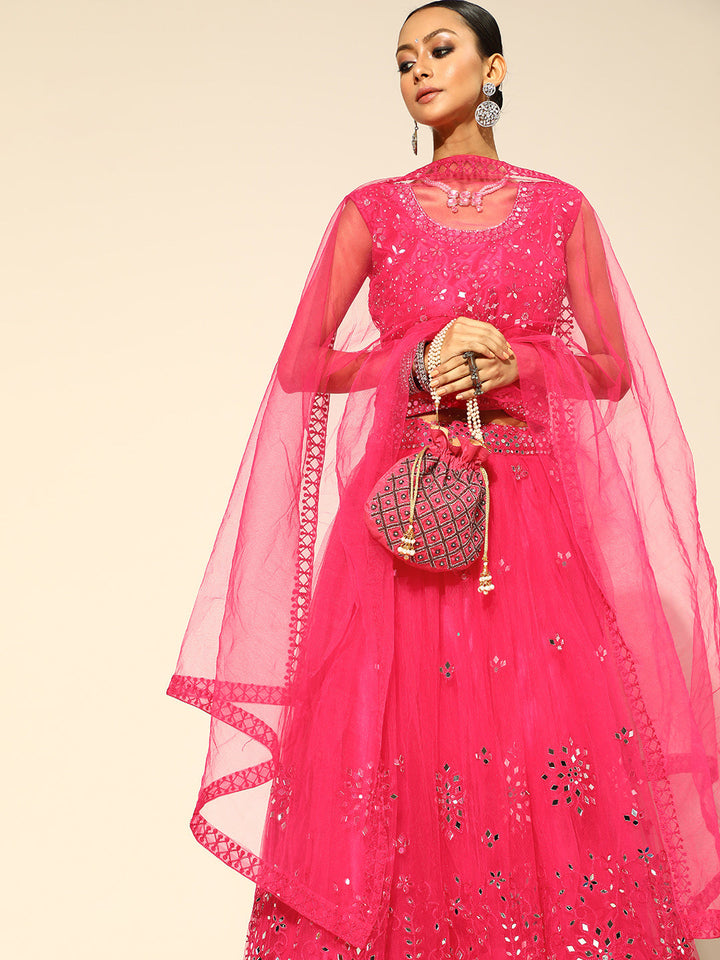 Fuchsia Flared Lehanga Set with Mirror & Resham Work