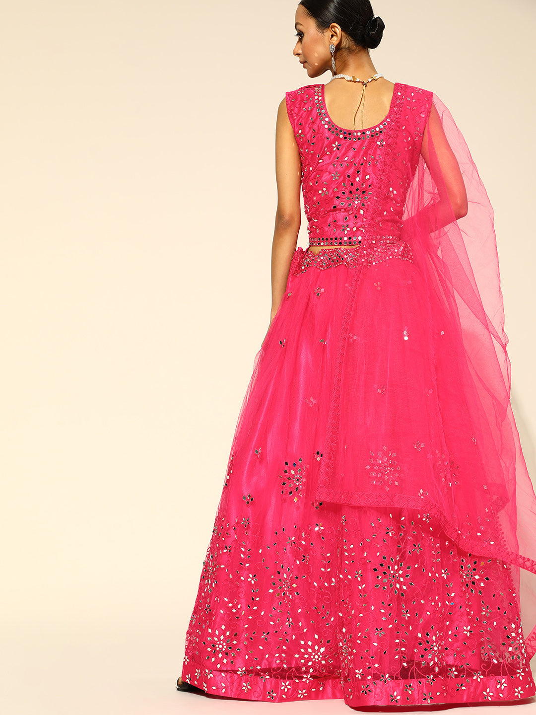 Fuchsia Flared Lehanga Set with Mirror & Resham Work