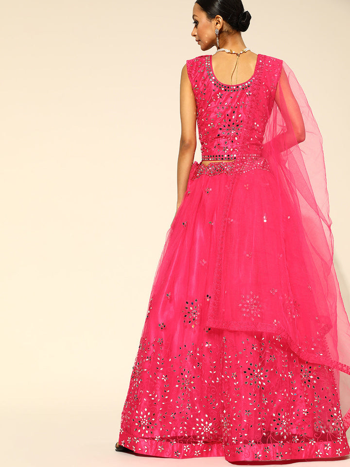 Fuchsia Flared Lehanga Set with Mirror & Resham Work