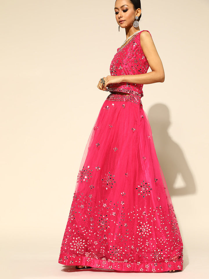 Fuchsia Flared Lehanga Set with Mirror & Resham Work