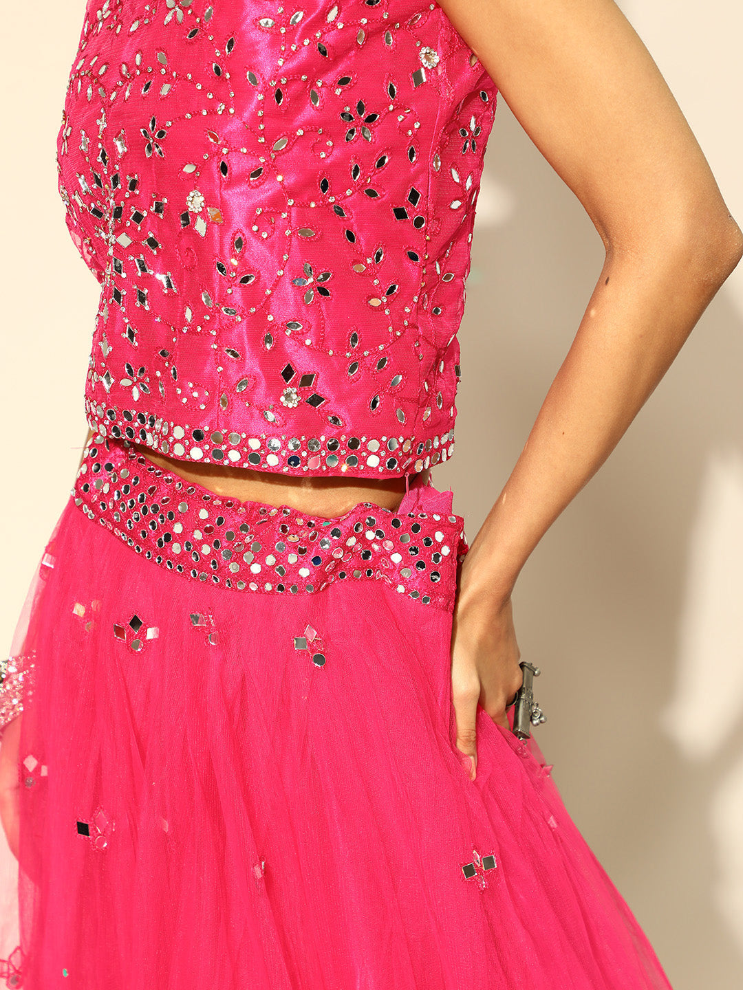 Fuchsia Flared Lehanga Set with Mirror & Resham Work