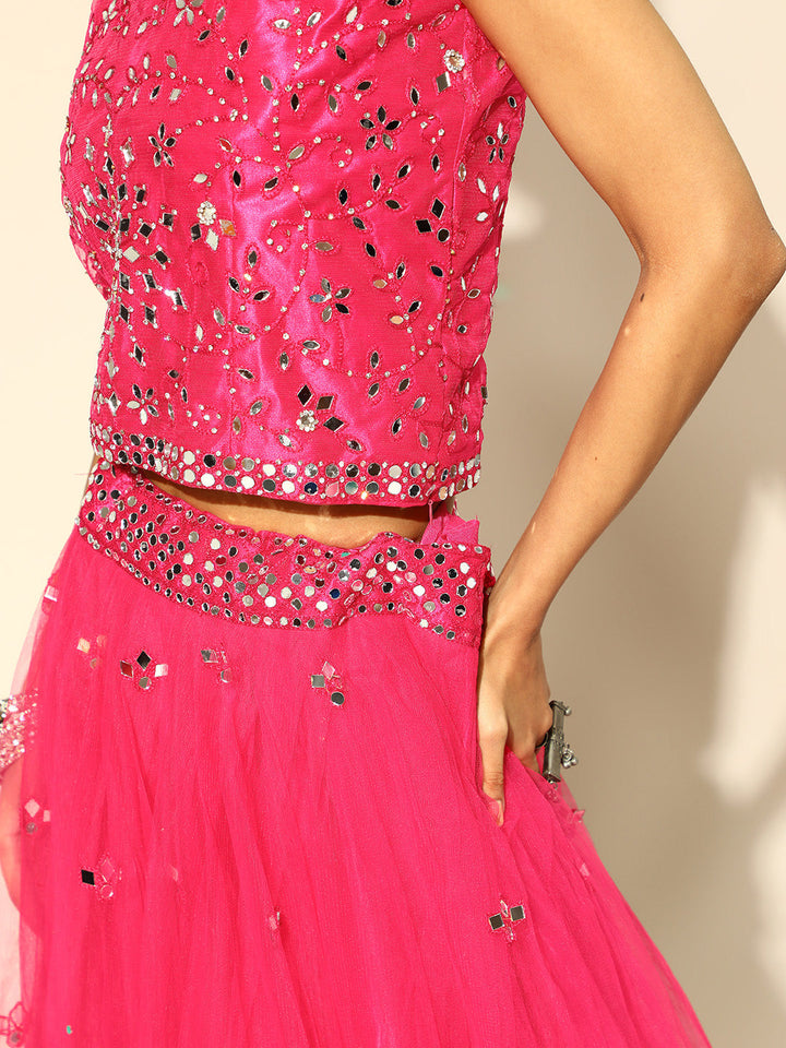 Fuchsia Flared Lehanga Set with Mirror & Resham Work