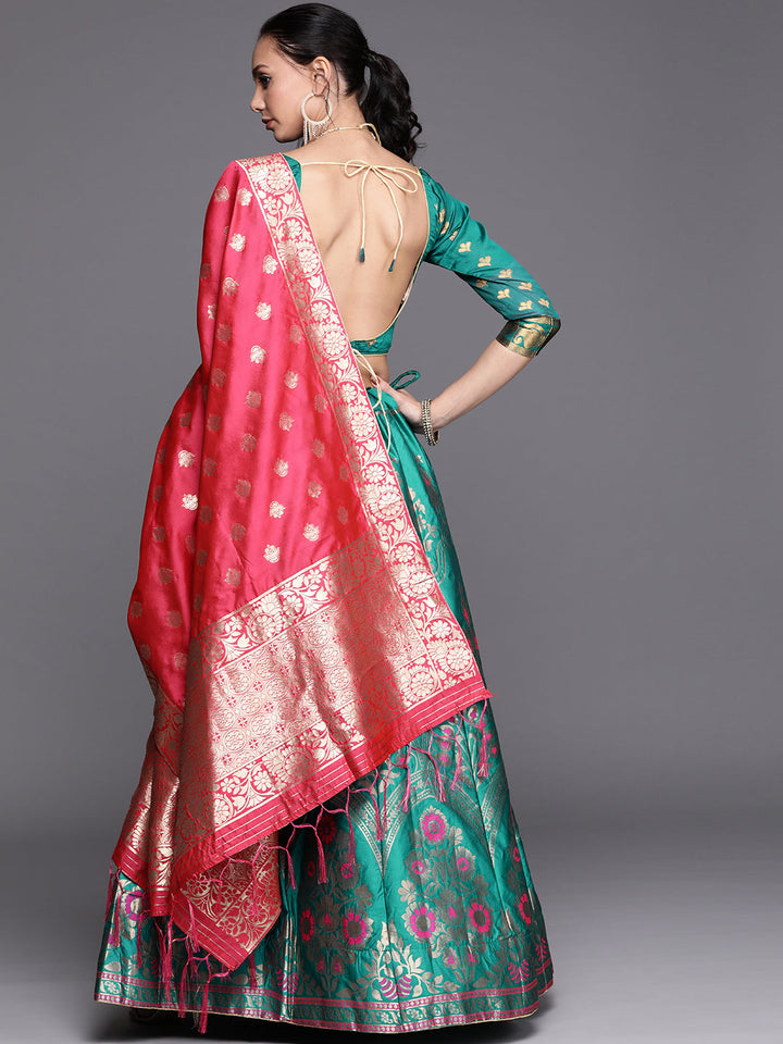Teal Semi Stitched Banarasi Brocade Silk Lehenga Set with Floral Zari, Meenakari Weaving