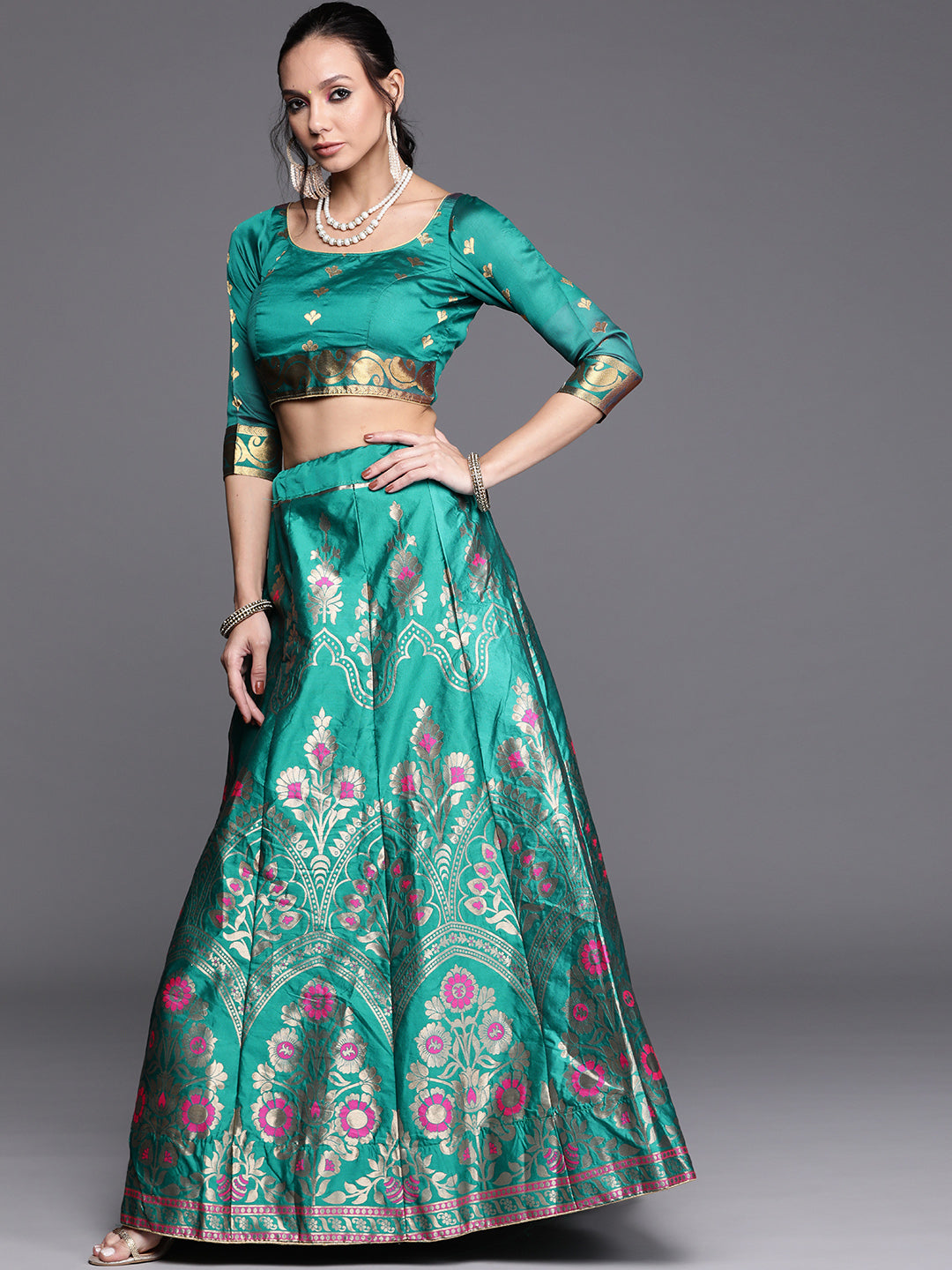 Teal Semi Stitched Banarasi Brocade Silk Lehenga Set with Floral Zari, Meenakari Weaving