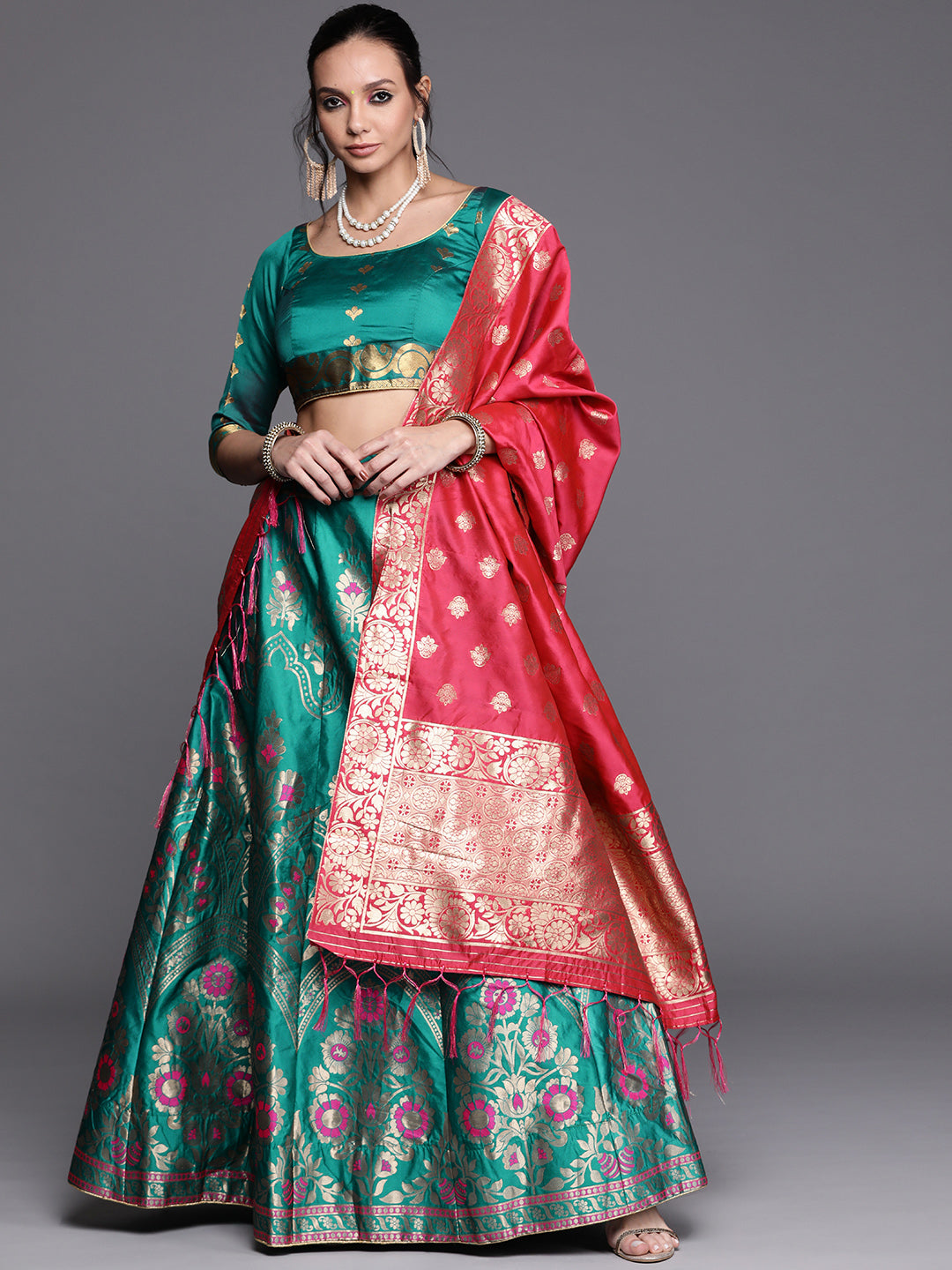 Teal Semi Stitched Banarasi Brocade Silk Lehenga Set with Floral Zari, Meenakari Weaving