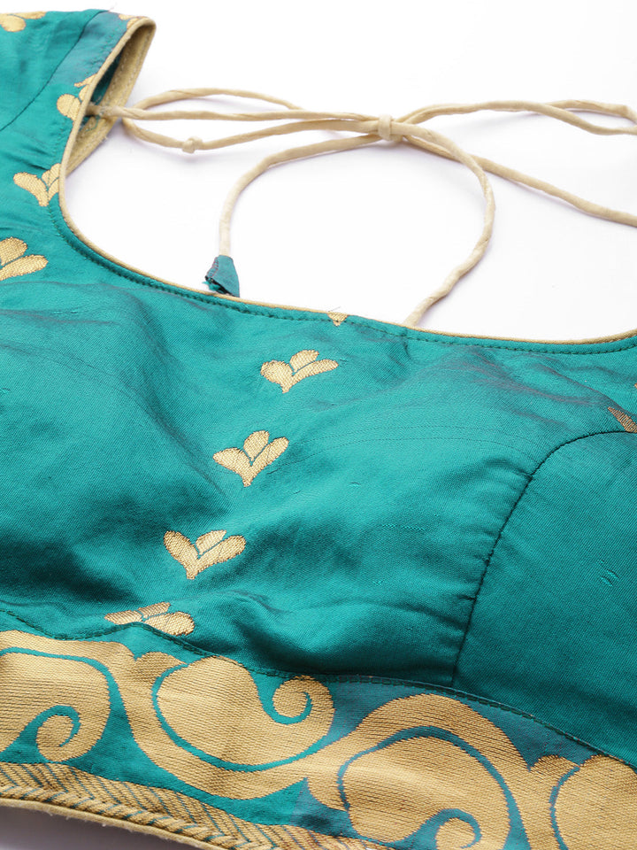 Teal Semi Stitched Banarasi Brocade Silk Lehenga Set with Floral Zari, Meenakari Weaving