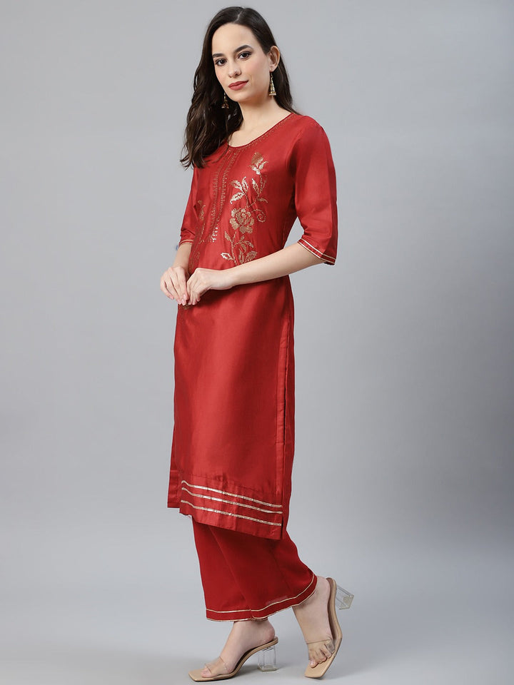 Cotton Kurta Pallazzo Set with Sequin, Gota Patti Embroidery & Digital Dupatta