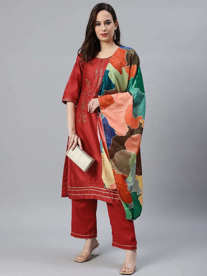 Cotton Kurta Pallazzo Set with Sequin, Gota Patti Embroidery & Digital Dupatta