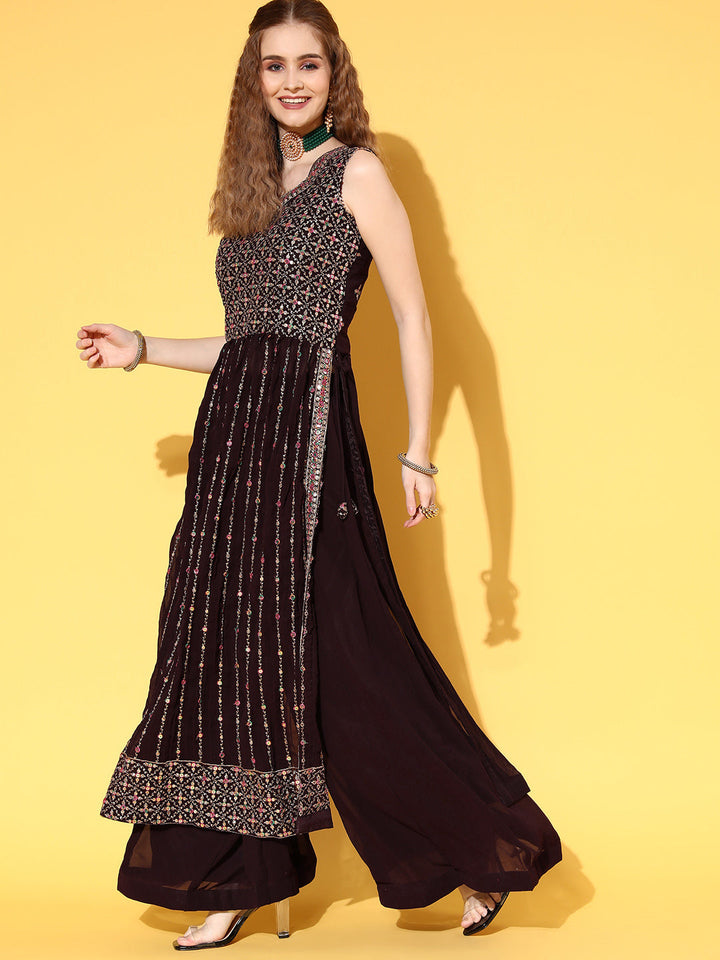 Brown Resham Embroidered High Slit Nyraa Style Kurta Palazzo Set